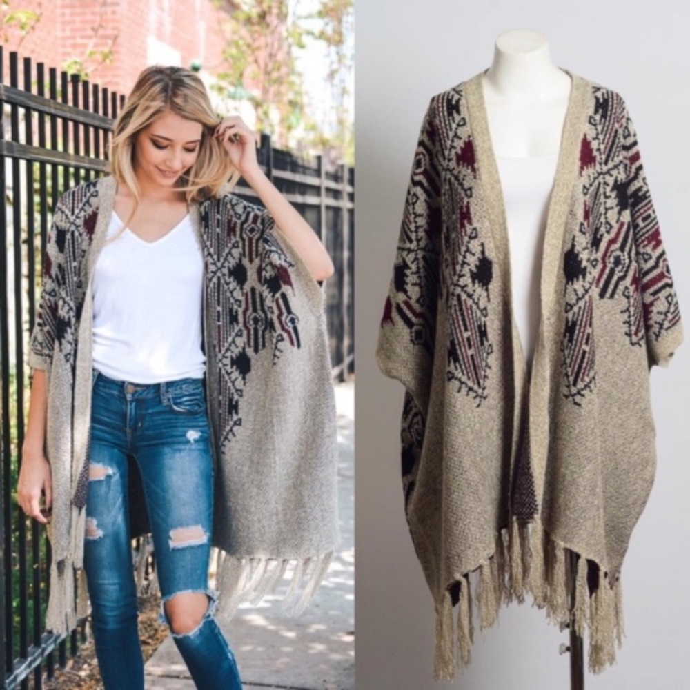 heather argyle print tassel poncho kimono cardigan